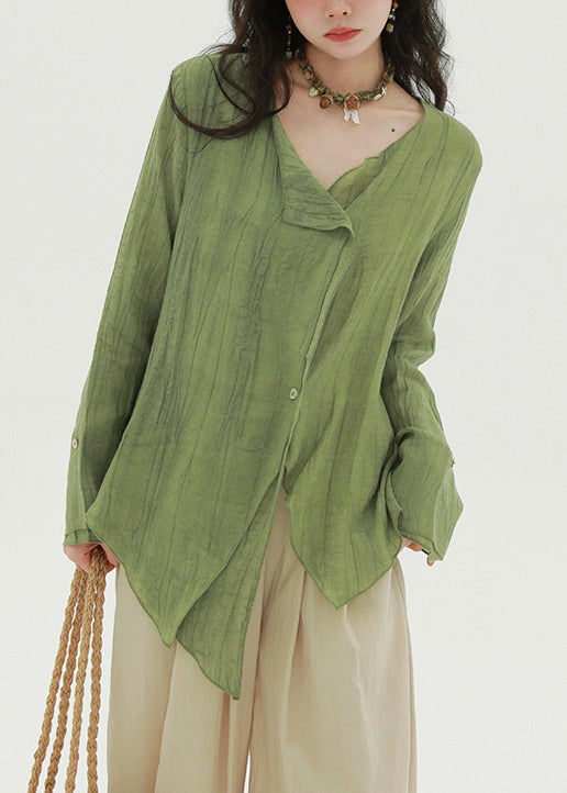 Women's Green Linen Blend Shirt Asymmetric Buttons - OutfitLondon