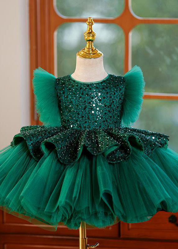 Girls Emerald Green Sequin Tulle Maxi Dress - OutfitLondon