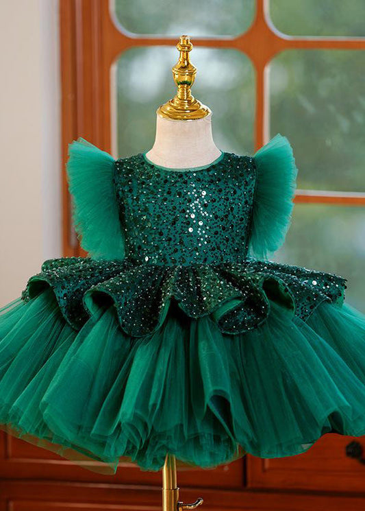 Girls Emerald Green Sequin Tulle Maxi Dress - OutfitLondon