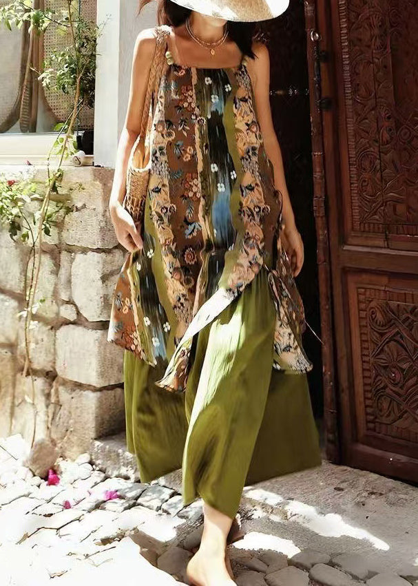 Women's Green Cotton Spaghetti Strap Dress Side Patchwork Print - OutfitLondon