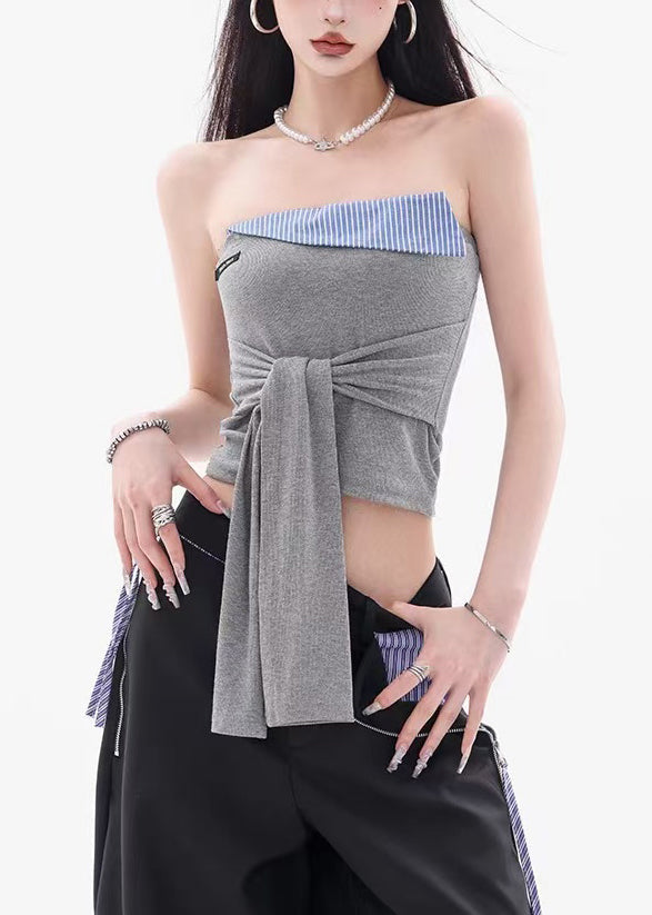 Women's Strapless Cotton Lace Detail Gray - OutfitLondon