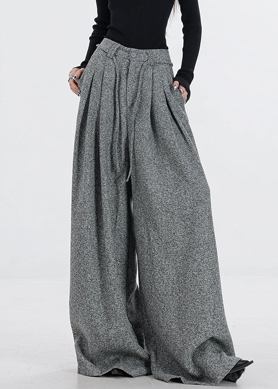 Women's Wide Leg Trousers Gray Wool High Waist - OutfitLondon