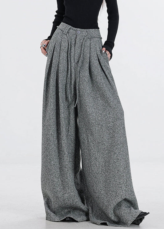 Women's Wide Leg Trousers Gray Wool High Waist - OutfitLondon