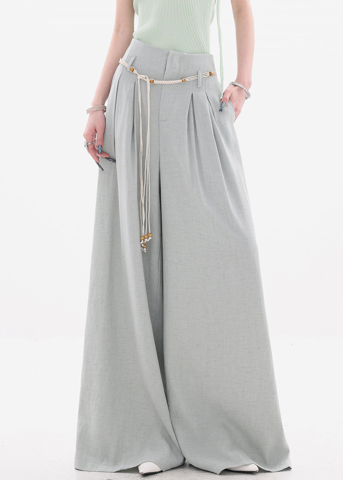 Women's Wide Leg Cotton Pants High Waist Soft Grey - OutfitLondon