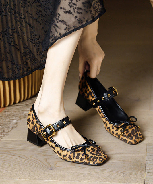 Women's Suede Sandals Thick Heel Buckle Strap Cushioned Insole Leopard - OutfitLondon