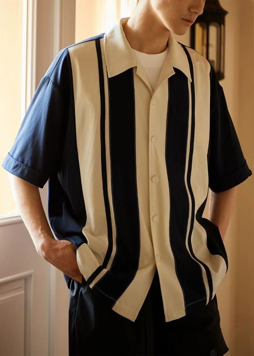 Mens Navy Striped Cotton Short Sleeve Shirt Breathable - OutfitLondon