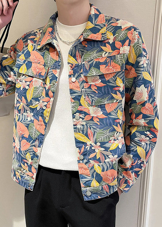 Mens Denim Jacket Peter Pan Collar Botanical Print Pockets - OutfitLondon