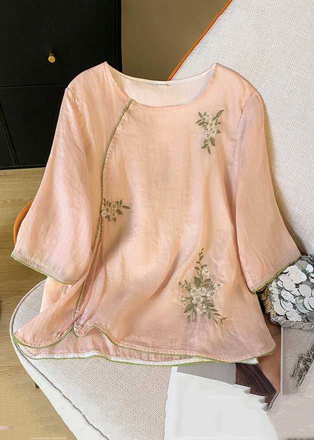 Women's Cotton Embroidered Blouse Round Neck Bracelet Sleeves Rose - OutfitLondon