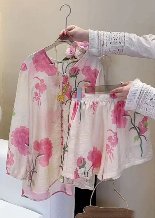 Women's Cotton Blend Blouse And Shorts Set Pink - OutfitLondon