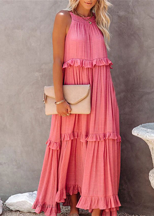 Women's Cotton Blend Maxi Dress Breathable Lace Up - OutfitLondon