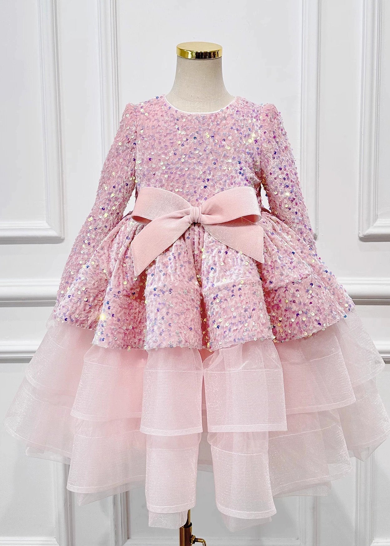 Girls Pink Sequin Tulle Maxi Dress With Bow - OutfitLondon