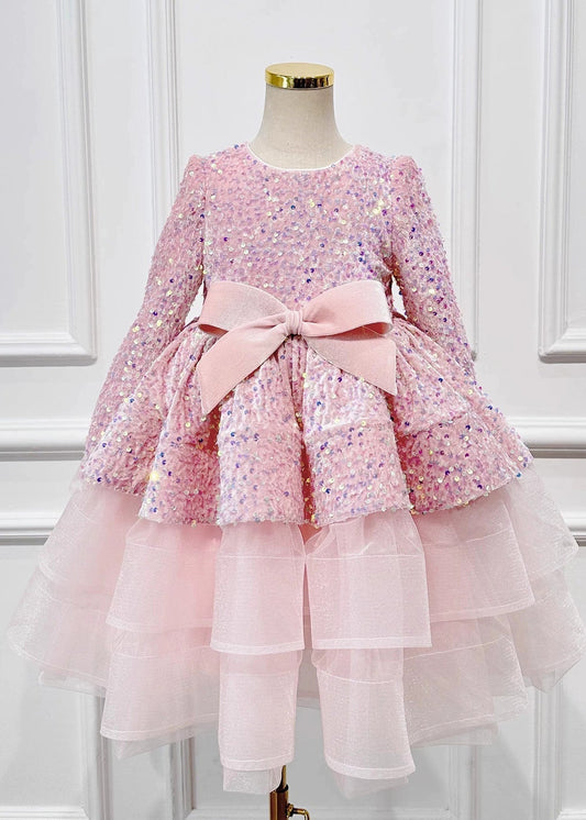 Girls Pink Sequin Tulle Maxi Dress With Bow - OutfitLondon