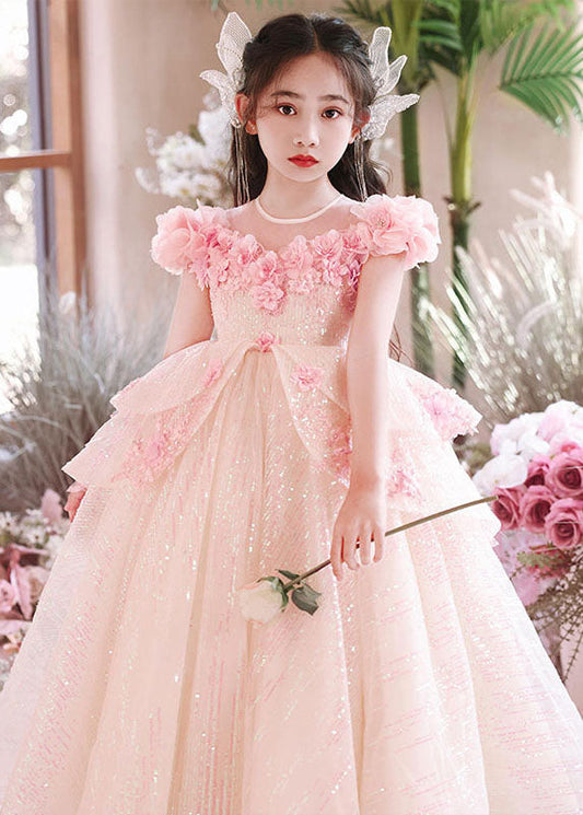 Girls Pink Floral Tulle Maxi Dress V Neck Summer Party - OutfitLondon