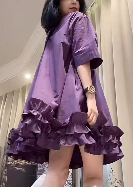 Women's Purple Patchwork Midi Dress Ruffled Round Neck Breezy - OutfitLondon