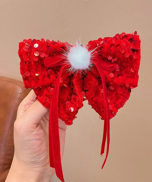 Girls Red Hair Clips Set Alloy Bow Ribbon Glitter - OutfitLondon