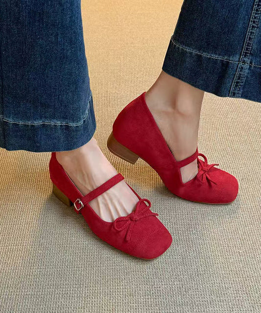 Women's Suede Heeled Shoes Red Buckle Strap - OutfitLondon