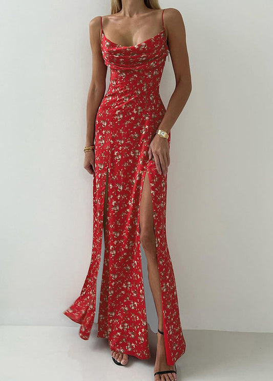 Women's Red Cotton Blend Spaghetti Strap Dress With Side Slits - OutfitLondon