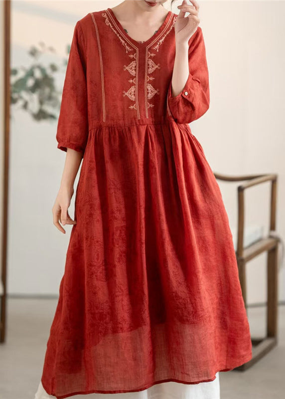 Women's Red Linen Embroidered V Neck Summer Dress - OutfitLondon