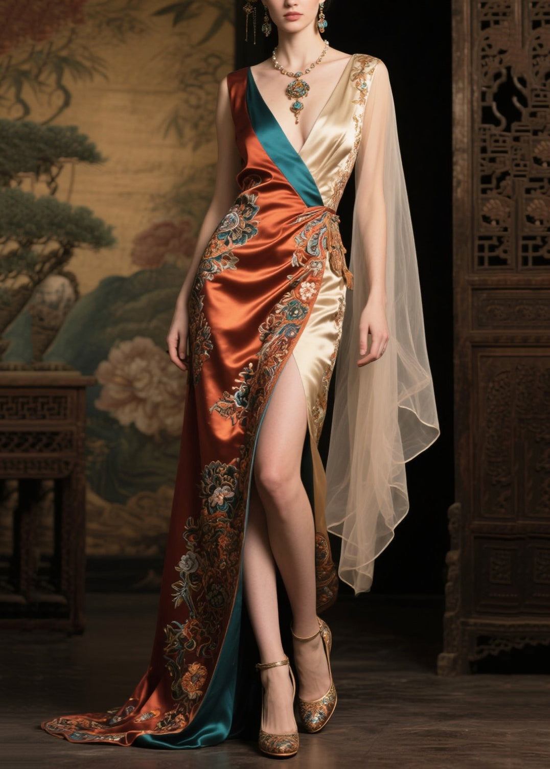 Women's Silk Patchwork Evening Dress Asymmetrical - OutfitLondon