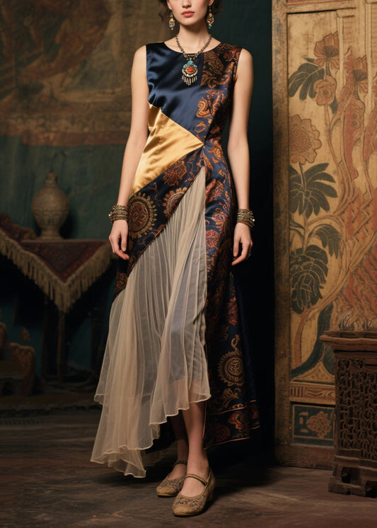 Women's Silk Patchwork Dress Asymmetrical Sleeveless - OutfitLondon
