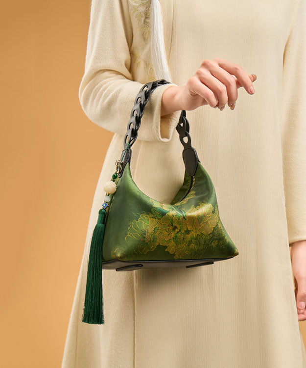 Women's Silk Tote Bag Retro Green Black Print - OutfitLondon