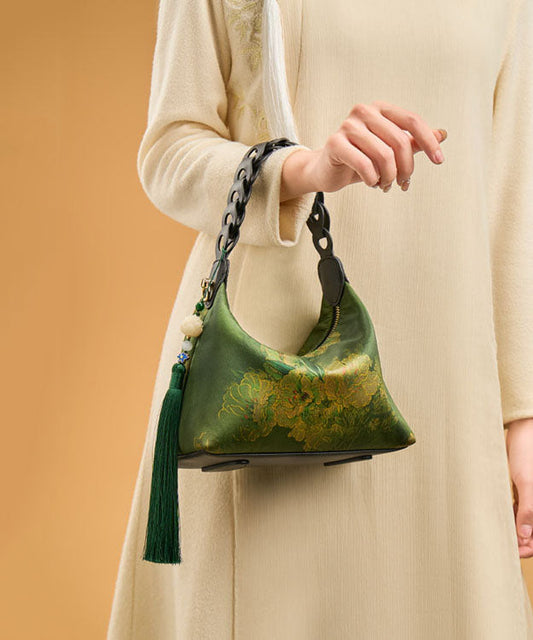 Women's Silk Tote Bag Retro Green Black Print - OutfitLondon