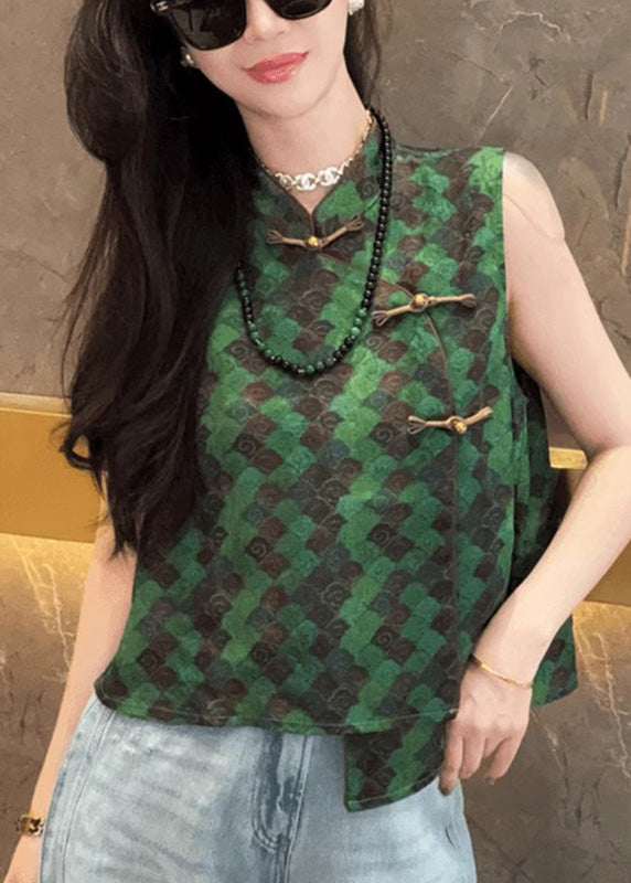 Women's Silk Blend Sleeveless Green Retro Print - OutfitLondon