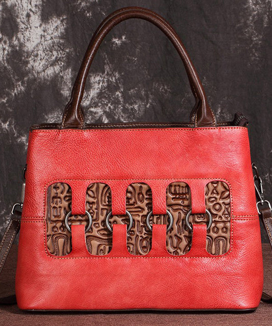 Women's Leather Tote Bag Red Patchwork Zip Closure - OutfitLondon