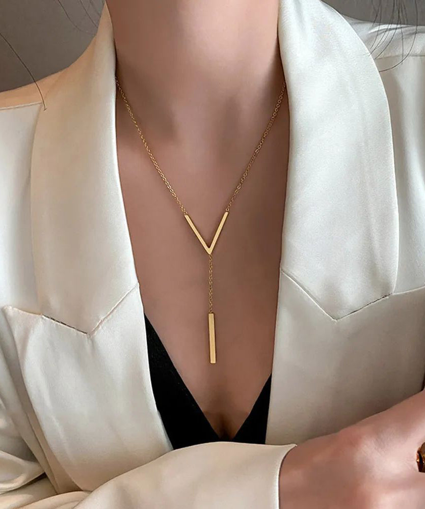 Women's Gold Long V Necklace 60cm Chain Elegant - OutfitLondon