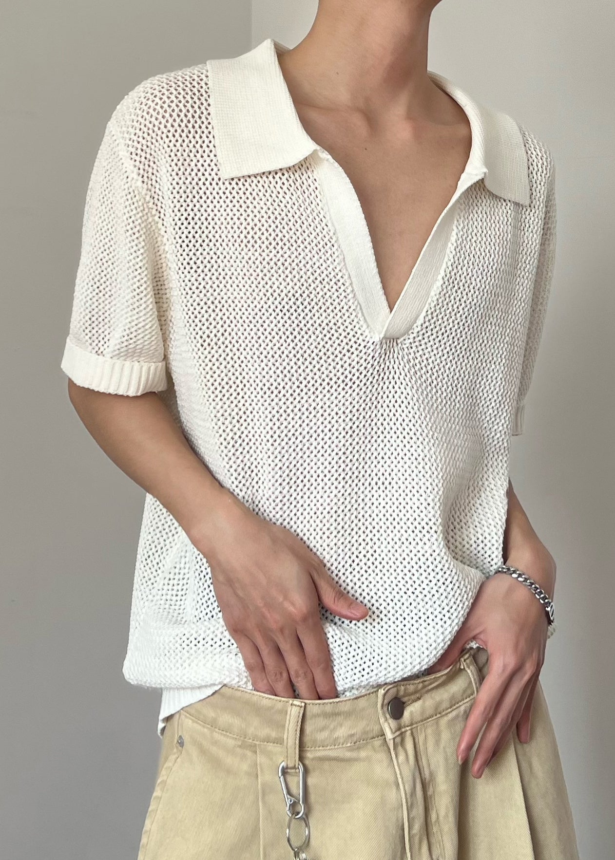 Men's Hollow Knit Polo Shirt Breathable White Lightweight - OutfitLondon