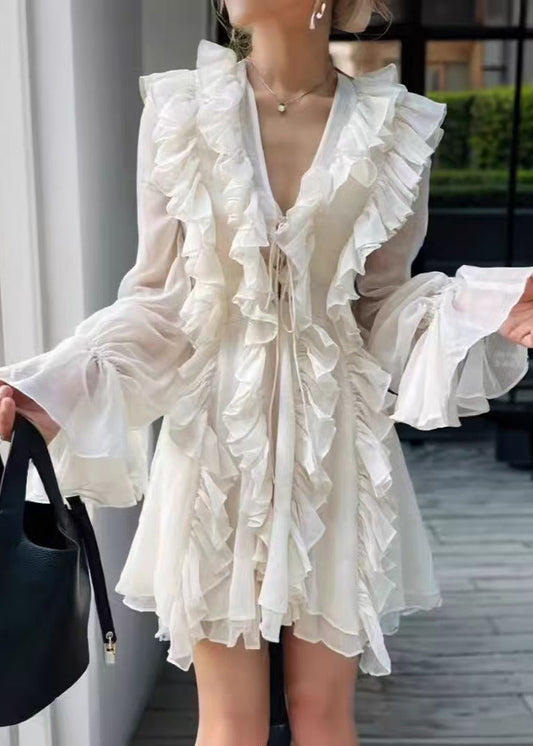 Women's Silk Chiffon Mini Dress Ruffles Lace Up - OutfitLondon