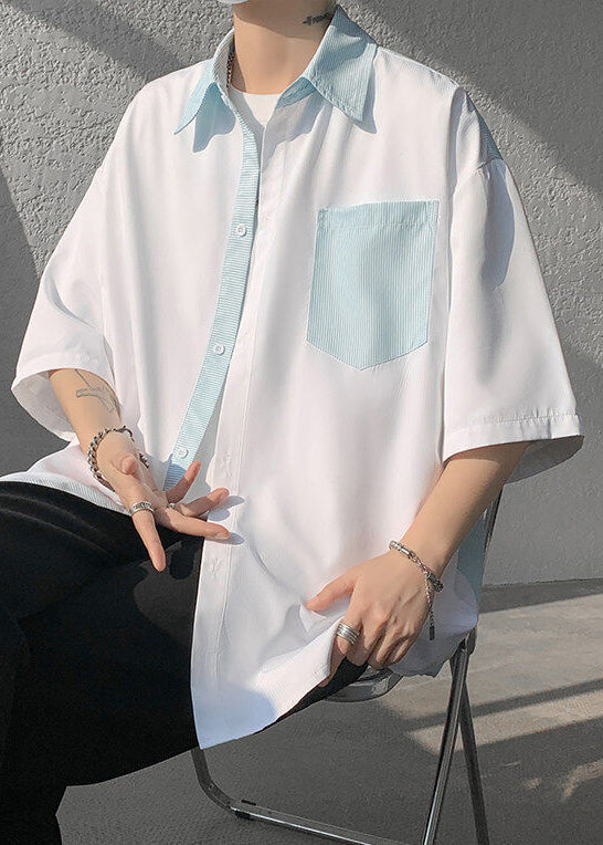Men's Cotton Patchwork Shirt Short Sleeve Light Blue - OutfitLondon