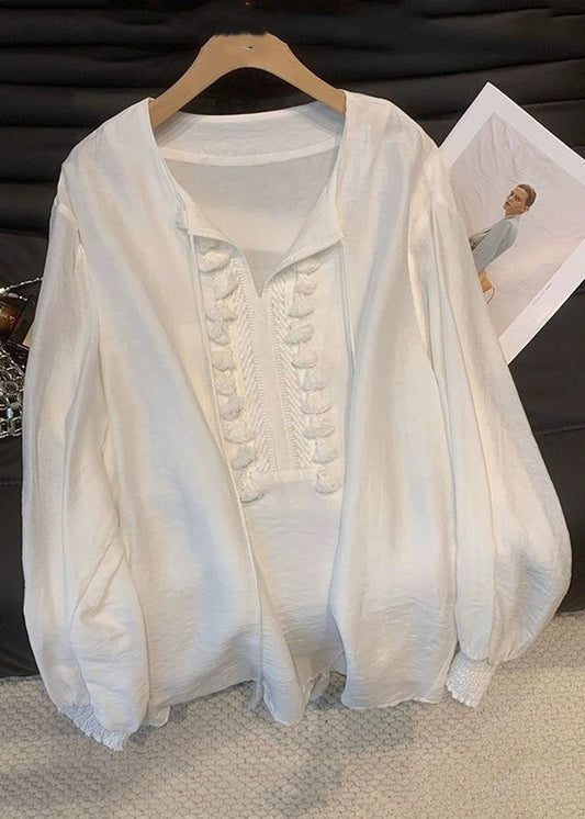 Women's Cotton Lace Blouse White Loose Fit - OutfitLondon