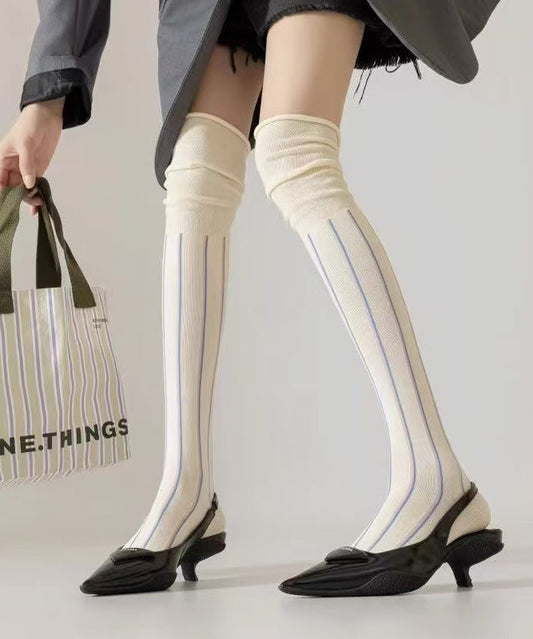 Women's Knee High Socks Soft Cotton White Striped - OutfitLondon