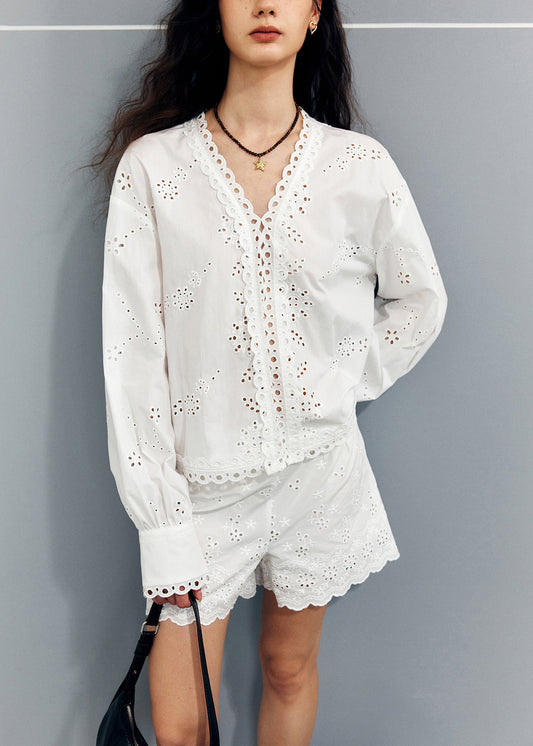 Women's Cotton V Neck And Shorts Set White - OutfitLondon