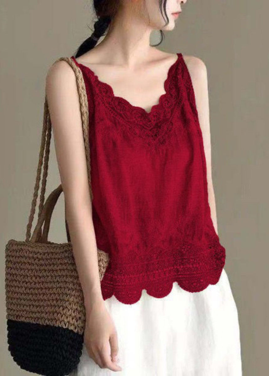 Women's Lace Tank Linen Blend Wine Red - OutfitLondon