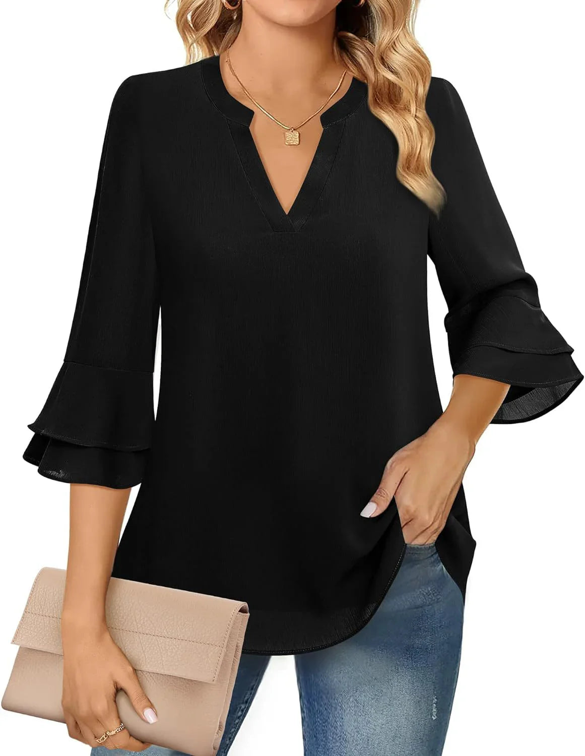 Women's Ruffled V Neck Short Sleeve Blouse - OutfitLondon