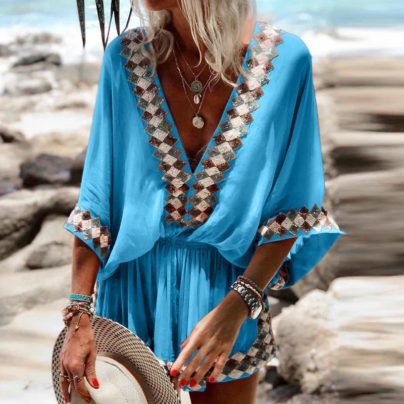Relaxed Fit V-Neck Printed Short Jumpsuit - OutfitLondon