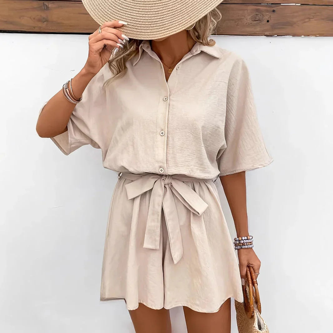 Casual Short Sleeve Belted Romper Dress