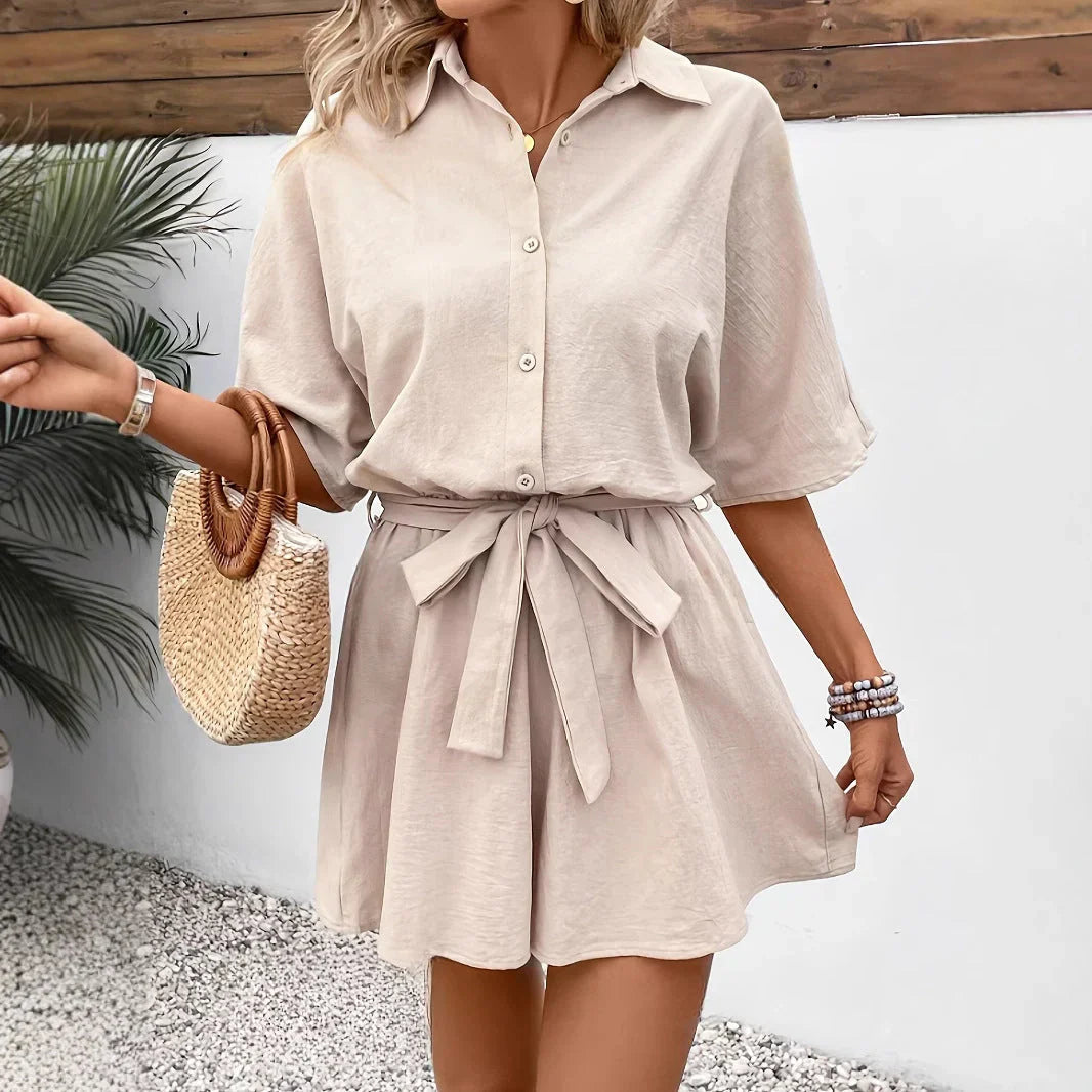 Casual Short Sleeve Belted Romper Dress - OutfitLondon