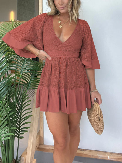 Women's Lace Romper with V-Neck and Flared Sleeves