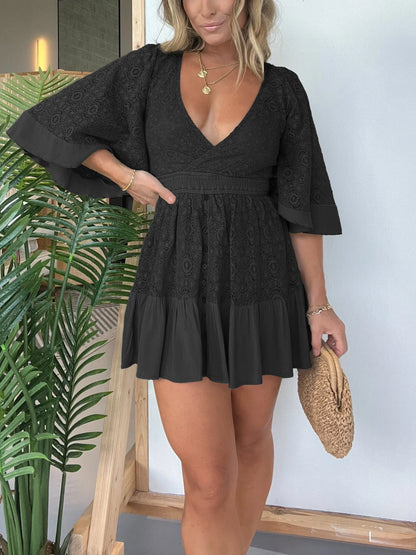 Women's Lace Romper with V-Neck and Flared Sleeves