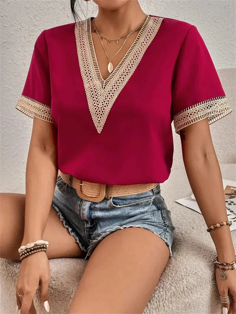 Niva Blouse | Elegant Short Sleeve Lace V-Neck Blouse