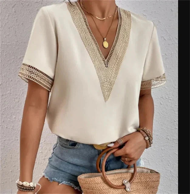 Chic Short Sleeve Lace V Neck Top - OutfitLondon