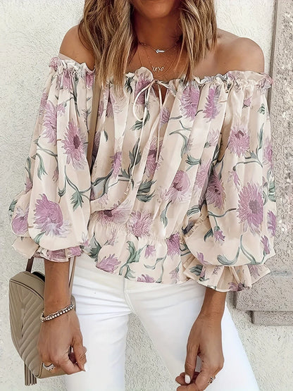 Chic Womens Floral Off Shoulder Top - OutfitLondon