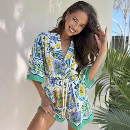 Casual Beach Romper | Floral Print Adjustable Waist Romper