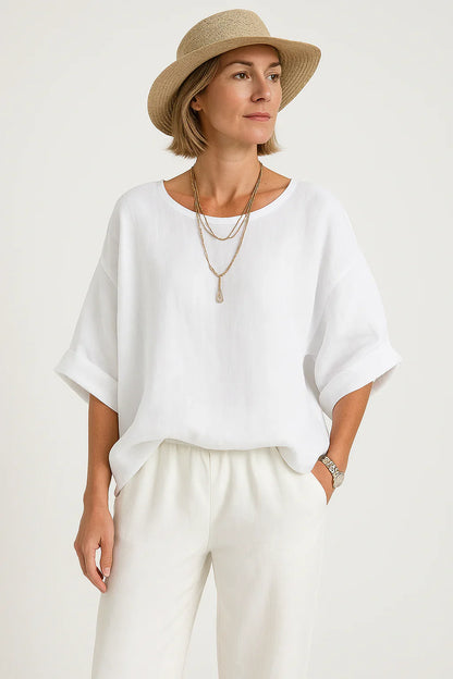 Relaxed Fit Cotton Blend Peasant Blouse - OutfitLondon