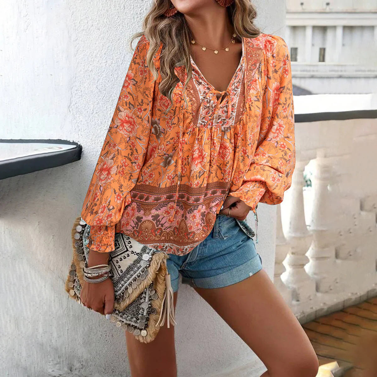Norah Blouse | Long Sleeve - V-Neck with Tie Bohemian Blouse