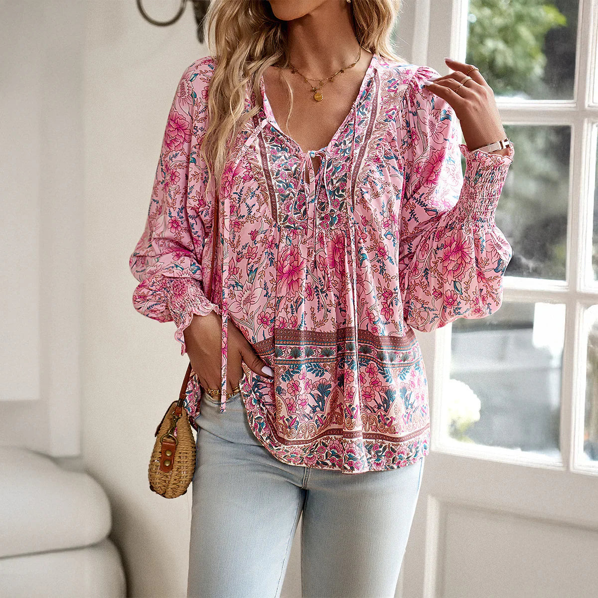 Norah Blouse | Long Sleeve - V-Neck with Tie Bohemian Blouse