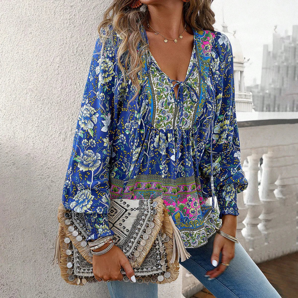 Chic V Neck Tie Front Long Sleeve Blouse - OutfitLondon